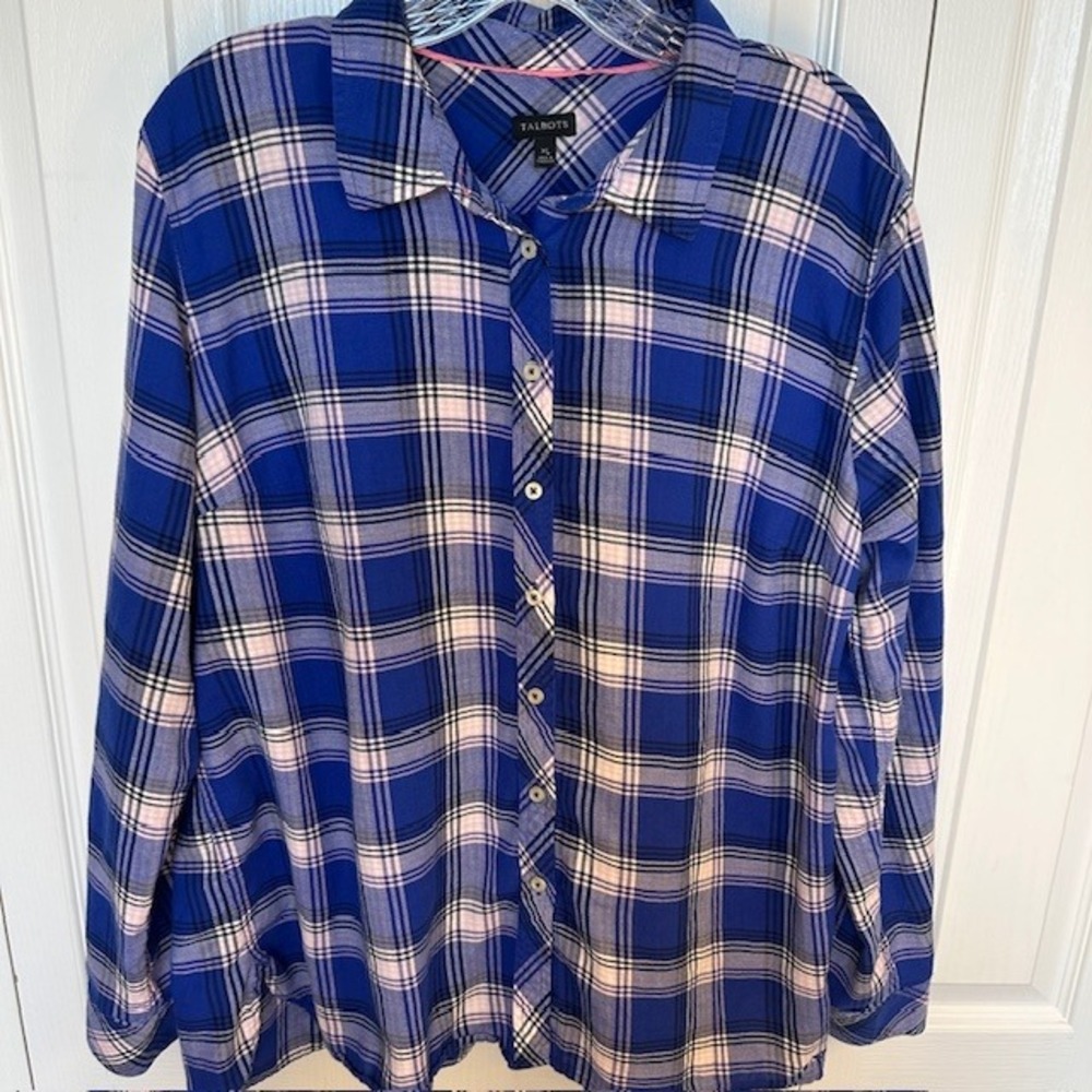 Talbots Women's Blue Pink Plaid Button Up Flannel Long Sleeve Shirt Blouse XL